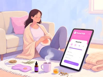 Woman using digital health assessment tool on tablet in comfortable home setting