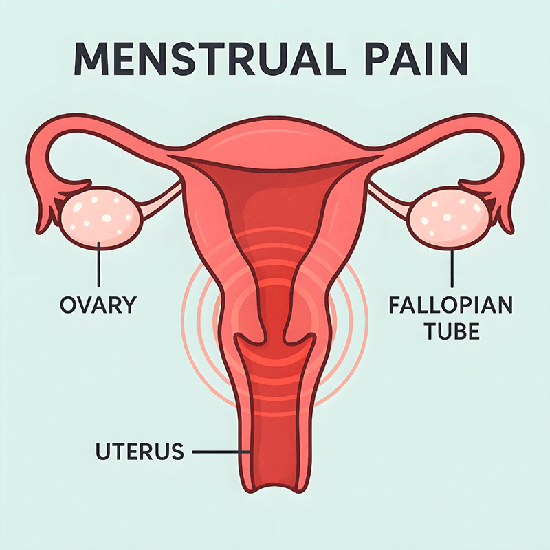 女性生殖系统解剖图，标注经期疼痛相关区域